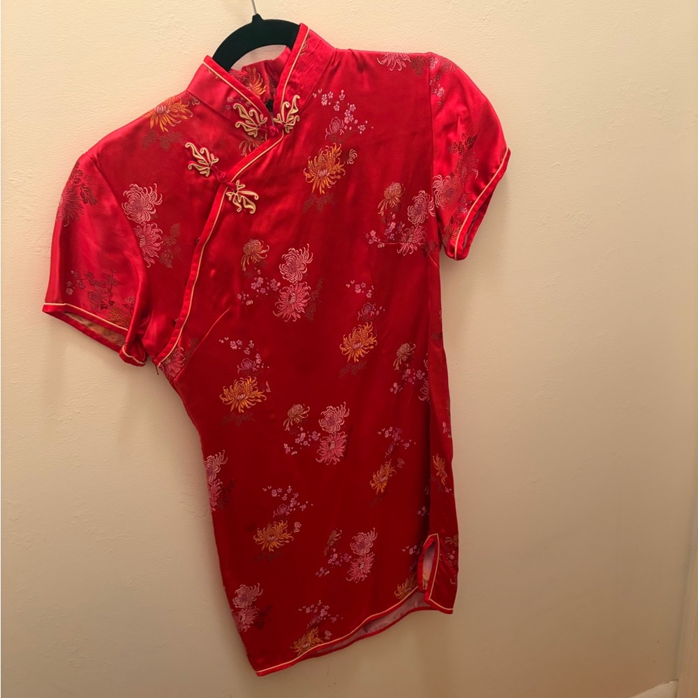 Red Floral Satin Qipao Cheongsam Dress